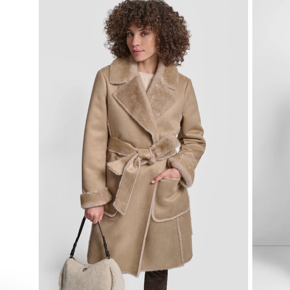 NWT DKNY Women's Belted Notched-Collar Faux-Shearling Coat
